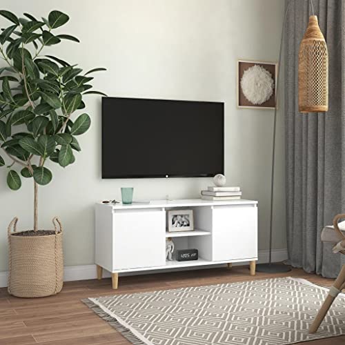 Pxznbe TV-Tisch, Spanplatte, weiß, 103,5 x 35 x 50 cm, skandinavischer Charme, TV-Schrank mit 2 Ablagen und 2 Fächern, TV-Halterung für Wohnzimmer mit vier Beinen aus Holz von Pxznbe