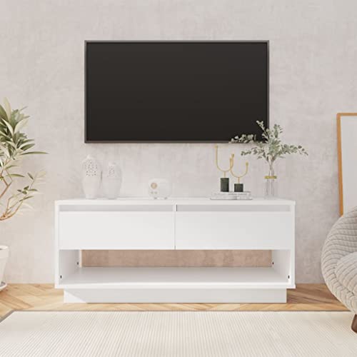 Pxznbe TV-Tisch, weiß, 102 x 41 x 44 cm, mehrschichtiges Holz, stabile Struktur, Stereoschrank mit 2 Schubladen und 1 Tagesfach, TV-Ständer für DVDs, Spielekonsole, Zeitschriften und andere von Pxznbe