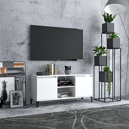 Pxznbe TV-Tisch, weiß, glänzend, 103,5 x 35 x 50 cm, mehrschichtiges Holz, TV-Ständer mit 2 Ablagen und 2 Fächern, Industrie-Stil, TV-Ständer für Wohnzimmer mit vier Metallbeinen von Pxznbe