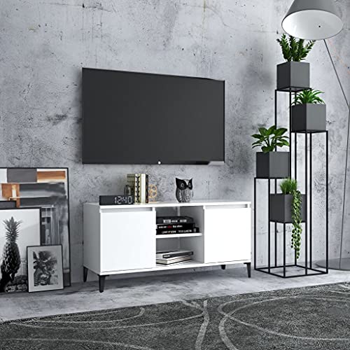 Pxznbe TV-Tisch Weiß 103,5 x 35 x 50 cm Mehrschichtiges Holz TV-Schrank mit 2 Ablagen und 2 Fächern Industriestil TV-Ständer Wohnzimmer mit vier Metallbeinen von Pxznbe