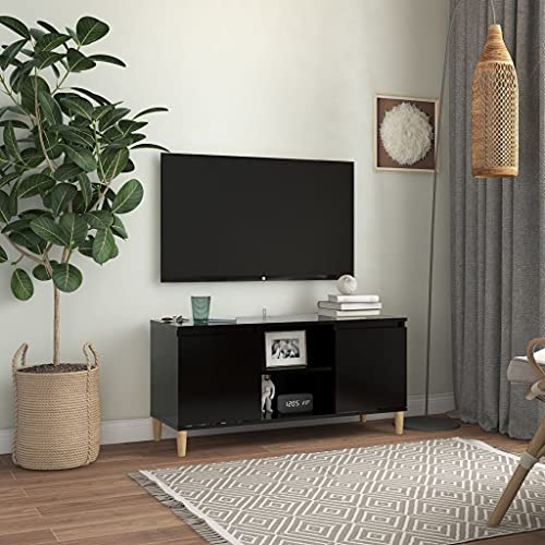 Pxznbe TV-Tisch aus Holz, schwarz, 103,5 x 35 x 50 cm, skandinavischer Charme, TV-Ständer mit 2 Ablagen und 2 Fächern, TV-Ständer für Wohnzimmer mit vier Beinen aus Holz von Pxznbe