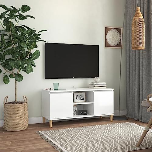 Pxznbe TV-Tisch aus Holz, weiß, glänzend, 103,5 x 35 x 50 cm, skandinavischer Charme, TV-Schrank mit 2 Ablagen und 2 Fächern, TV-Ständer für Wohnzimmer mit vier Beinen aus Holz von Pxznbe