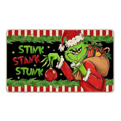 Pycat Dekorative Fußmatte mit weihnachtlichem Stank-Stunk-Design, grün, Weihnachtsgeschenke, rot-weiß gestreift, für drinnen und draußen, rutschfester Bodeneingangsteppich, lustige Dekoration für von Pycat