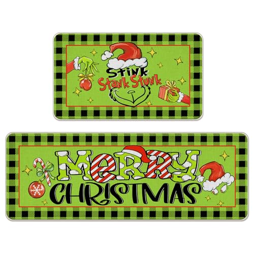 Pycat Küchenteppich-Set mit Aufschrift "Merry Christmas", Grün, 2 Stück, lustiger Weihnachtsstank, Stank, Stank, Weihnachtsmannmütze, Ball, Bodenmatten, Heimdekoration, Winter-Plaid-Fußmatte Pycat Küchenteppich-Set mit Aufschrift "Merry Christmas", Grün, 2 Stück, lustiger Weihnachtsstank, Stank, Stank, Weihnachtsmannmütze, Ball, Bodenmatten, Heimdekoration, Winter-Plaid-Fußmatte von Pycat