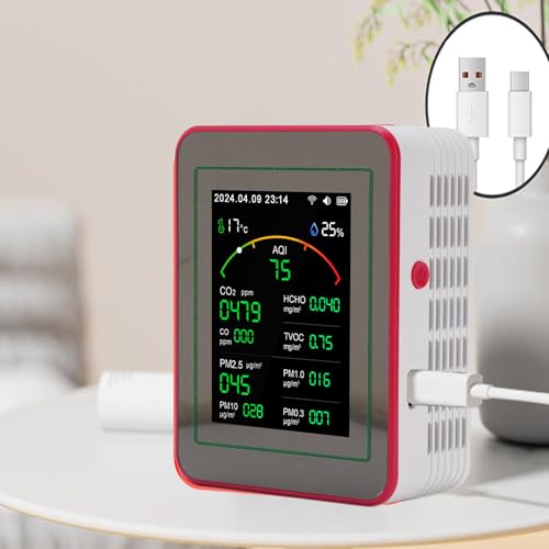 Pyhodi Luftqualitätstester, 2,8 -Zoll -HD -Display -Luftqualitätsmonitor 15 in 1 WiFi Tragbar mit PM0,3 Pm1,0 Pm2.5 PM10 CO2 HCHO TVOC -Temperaturfeuchtigkeit für Home Office -Auto (weiß+rot) von Pyhodi