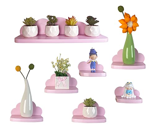 Pyjacos Wandregal Schweberegal 7er Set Wall Shelf hängend kreativ für Schlafzimmer Wohnzimmer Küche und Flur Wolken wandbrett Kleine Größe,Wolken Kleine Größe,Wolken，rosa-L von Pyjacos