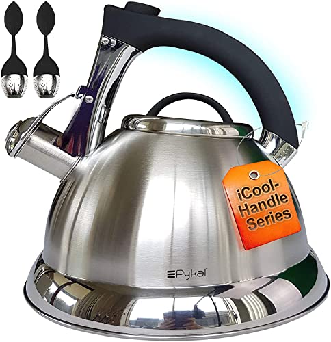 PYKAL Pfeifender Wasserkessel - 3 Liter Edelstahl Teekessel mit iCool Griff - 5-Wandiger Wasserkocher - Teekanne mit Doppel Tee Sieb auch für Induktion, Gasherd oder Holzofen PYKAL Pfeifender Wasserkessel - 3 Liter Edelstahl Teekessel mit iCool Griff - 5-Wandiger Wasserkocher - Teekanne mit Doppel Tee Sieb auch für Induktion, Gasherd oder Holzofen von Pykal