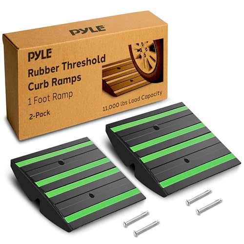 PYLE Auffahrrampe — Bordsteinrampe Gummi 2 Stück Auffahrrampen PKW — Rampe Auto für Einfahrt & Garage mit grünem Reflektor — Schwellenrampe wetterfest — je Autorampe 31L x 41W x 7H cm & 5 t Traglast von Pyle