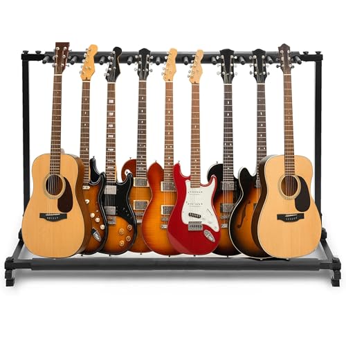 Pyle Gitarrenständer- Guitar Stand, 9-Space Faltbarer Gitarrenständer Mehrfach, Bass ständer, für Akustikgitarre, E- Gitarre & Gitarrentasche, Tragbarer Gitarrenstaender mit Schaumstoffpolsterung von Pyle