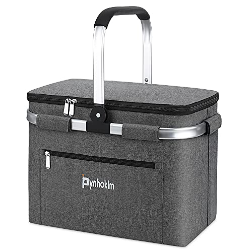 Pynhoklm®30L Einkaufskorb mit Kühlfunktion Tragekorb Faltbar Picknickkorb mit Deckel Klappkorb Thermokorb Isoliertasche Faltbar Einkaufstasche mit Alurahmen Stabiler Korb-für Reisen/Picknick/Einkaufen von Pynhoklm