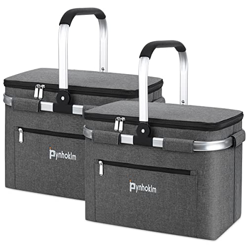 Pynhoklm 30L Einkaufskorb Kühlkorb Kühltasche Faltbar Picknicktasche Gross Isoliert Picknickkorb Thermotasche Tragekorb Performance Einkaufstasche mit Alurahmen -Ideal für den Einkauf im Sommer von Pynhoklm