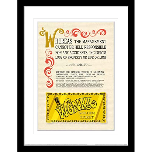 Charlie and the Chocolate Factory Gerahmter Kunstdruck in schwarzem Bilderrahmen, Collector Edition (Golden Ticket Design) Willy Wonka gerahmt, 30 x 40 cm Rahmen, offizieller Merchandise-Artikel von Pyramid International