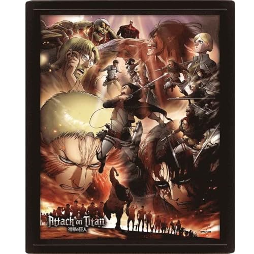 Pyramid Europe Attack On Titan Poster (Staffel 3 Design) Lenticular 3D Wandbild in schwarzem Bilderrahmen 25cm x 20cm x 1.5cm - Offizielles Lizenzprodukt von Pyramid International