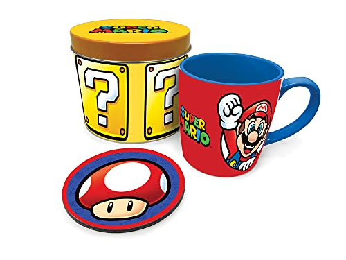 Super Mario Tasse und Untersetzer Set in Frageblock Geschenkdose (Mario Design) 315ml Keramik Tasse - Offizielles Lizenzprodukt von Pyramid International