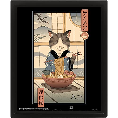 Vincent Trinidad 3D-Linsenraster-gerahmter Kunstdruck (Neko Ramen Ukiyo-E Design), 3D-Kunstdruck in schwarzem Bilderrahmen, 28,5 x 23,5 cm, orientalisches 3D-Poster, 3D-Wanddekoration, offizielles von Pyramid International