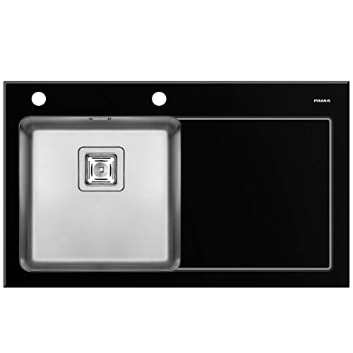 Pyramis CRYSTALON (86X53) 1B 1D S LH Einbauspüle Schwarzes Glas mit Facettenschliff, Edelstahlbecken, 109504330 von Pyramis