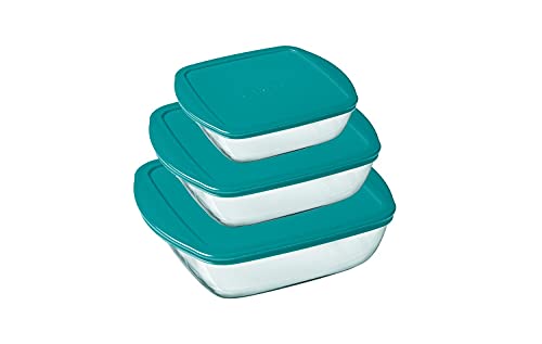 Pyrex® - Cook & Store - 3er Set eckige Vorratsschalen aus Glas mit Deckel (0,35l; 1l; 2,2l) - BPA-frei von Pyrex