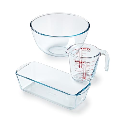 Pyrex - 3-teiliges Gebäck-Set – 1 x 0,5 l Messbecher + 1 x 2 l Rührschüssel + Kuchenform – Borosilikatglas – kratzfest von Pyrex