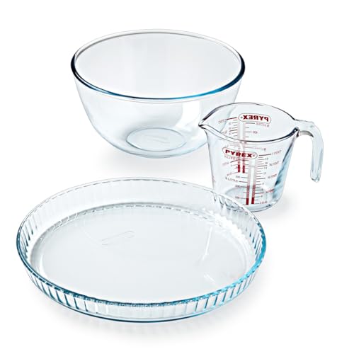 Pyrex - 3-teiliges Gebäck-Set – 1 x 0,5 l Messbecher + 1 x 2 l Rührschüssel + Tarteform – Borosilikatglas – kratzfest von Pyrex