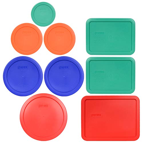 Pyrex Bundle - 9 Items: (1) 7402-PC 7-Cup Red, (2) 7201-PC 4-Cup Cadet Blue, (2) 7200-PC 2-Cup Orange, (1) 7202-PC 1-Cup Green, (2) 7210-PC 3-Cup Light Green, (1) 7211-PC 6-Cup Red Lids von Pyrex