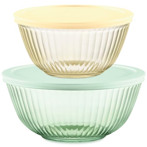Pyrex Colors (2er-Pack) geformte getönte Glas-Rührschüsseln mit Deckel, platzsparendes Set zum Zubereiten und Backen, 1,3 l und 2,3 l von Pyrex