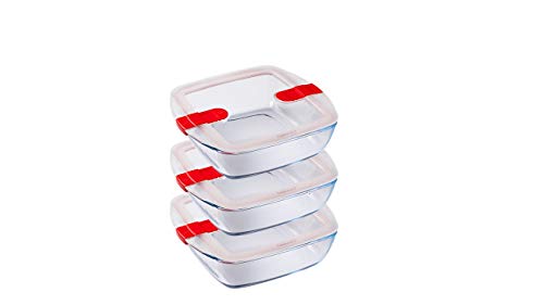 Pyrex 1451131 and Cook & Heat Frischhaltedosen aus Glas, quadratisch, 1 l, mit luftdichtem Deckel, mikrowellengeeignet, 3 Stück, Transparent, Rot von Pyrex