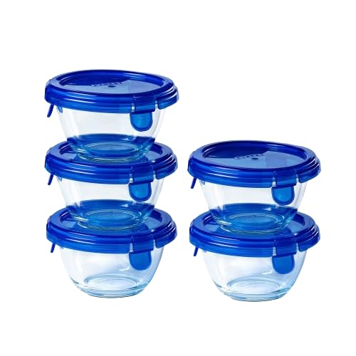 Pyrex® - 5 x runde Gläser mit blauem Deckel, luftdicht, auslaufsicher, 0,2 l, BPA-frei von Pyrex