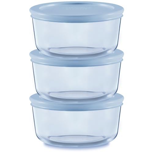 Pyrex Getönte kleine runde Frischhaltedosen-Set, eng anliegend, ungiftiger Kunststoff, BPA-freie Deckel, gefrierschrank-, spülmaschinen-, mikrowellengeeignet, 2 Tassen (3 Stück) von Pyrex