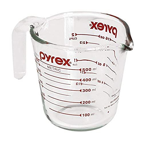 Pyrex Prepware Messbecher für 2 Tassen, rote Grafiken, transparent von Pyrex