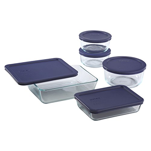 Pyrex Frischhalteset aus Glas, für 6, 3 und 4 Tassen, runde und rechteckige Behälter mit Deckel, BPA-frei, spülmaschinen- und mikrowellengeeignet, Blau, 10-teilig von Pyrex
