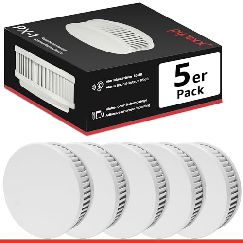 Pyrexx PX-1 Rauchwarnmelder - 5 Stück - 10 Jahre Batterie mit Magnet-Halterung ohne Bohren und LED-Blinken, Zertifiziert nach Q-Label, Weiß von Pyrexx
