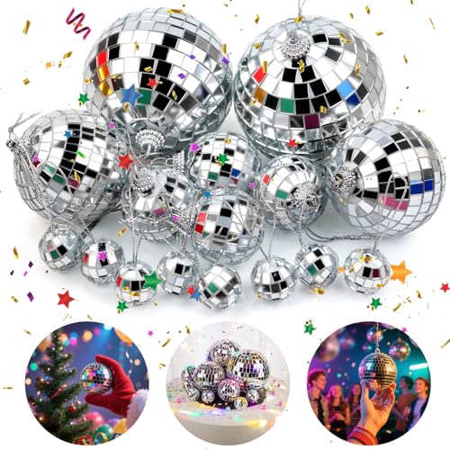 14 Stück Discokugel Deko Discokugeln Kleine Disko Kugel Deko Aufhängen Spiegelkugel Disco Balls Discokugel Set Verschiedene Größen Mirrorball für Weihnachtsbaum Nachtclub Bar Dekoration (8/6/4/2cm) von Pyroclasia