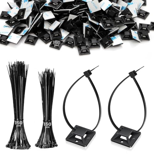 300 Stück Kabelbinder Schwarz Set 120MM/150MM und 150 Stück Kabelbinder Halter Nylon Klebesockel für Kabelbinder Selbstklebende Kabelhalter Klebepads Kabelbinder UV-beständiges für Kabelbefestigung von Pyroclasia