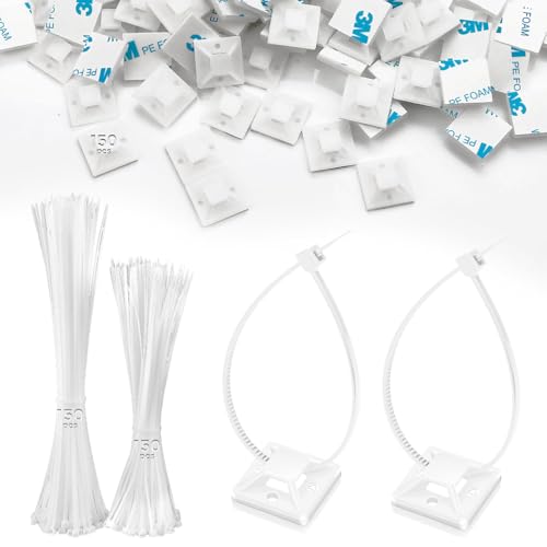 300 Stück Kabelbinder Weiß Set 120MM/150MM und 150 Stück Kabelbinder Halter Nylon Klebesockel für Kabelbinder Selbstklebende Kabelhalter Klebepads Kabelbinder UV-beständiges für Kabelbefestigung von Pyroclasia