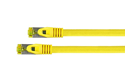 PYTHON RJ45 Ethernet LAN Patchkabel mit Cat. 7 Rohkabel, mit Rastnasenschutz RNS und Nylongeflecht, S/FTP, PiMF, halogenfrei, 500MHz, OFC, 10-Gigabit-fähig - gelb, 15m von Python