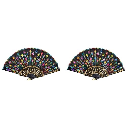 Pyugxab 2X Farbiges Gesticktes Blumenmuster Schwarz Tuch-Faltender Handventilator Fuer von Pyugxab