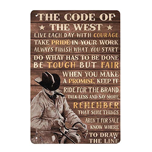 Pzecaru Vintage Metallschild The Code of the West Cowboy mit schwarzem Hut, Blechschild, Vintage-Wanddekoration für Zuhause, Garage, Bar, Café, 20,3 x 30,5 cm von Pzecaru