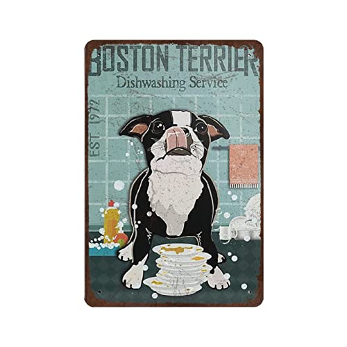 Retro-Metall-Blechschild Boston Terrier Hund Geschirrspülservice Poster Vintage Metallschild Wanddekoration Geschenk für Badezimmer Restaurant Bauernhof Schlafzimmer Cafe Schule 20,3 x 30,5 cm von Pzecaru