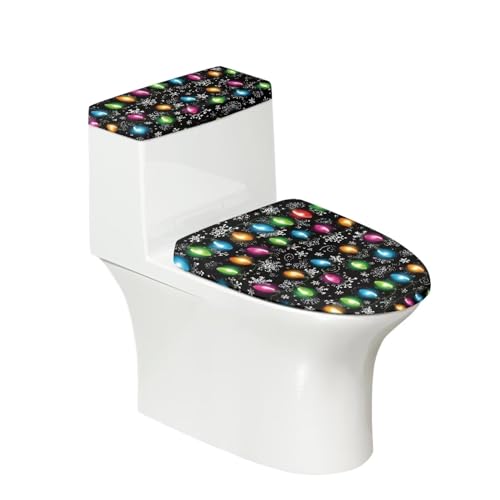 Pzuqiu 2-teiliges Weihnachts-WC-Deckelbezug-Set für Badezimmer, WC-Sitz, Staubschutz, Tankdeckel mit elastischem Boden, Weihnachtsmotiv, bunte Lichter, Dekoration, WC-Schutzbezüge von Pzuqiu