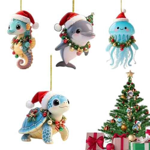 Flacher Acrylanhänger Weihnachtsbaum - Meer Thema Ornament Set für Urlaub | 4 Stück 2D Süße Dekoration mit Lanyard, Leichtes Acryl Zubehör für Schlafzimmer, Café, Fensterbank, Garten von Pzuryhg