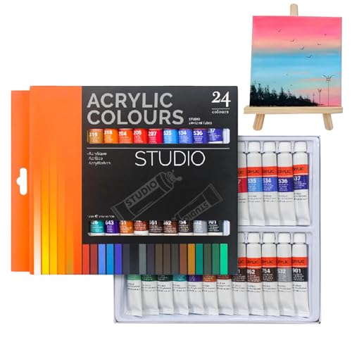 Pzuryhg Acrylfarbe - 24 Farben wasserdichtes Set für Holzgewebe | Reiche Pigmente mit reibungsloser Mischung, Kunstbedarf für Anfängerschüler und, die Schulmalereiprojekte 17ml erstellen von Pzuryhg