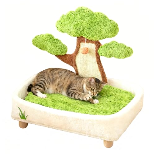 Pzuryhg Katzenbett - Kiefernbaumdesign für gemütliche Katzen | Plüschkugel und eingebauter Kratzer mit abnehmbarem waschbarem Kissen für Innenkomfort im Schlafzimmer Wohnzimmer Haustier Ruheplatz von Pzuryhg