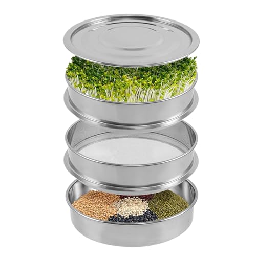 Pzuryhg Stainless Steel Sprout Grower, 7.8 Inch Stackable 3-Tier Sprouting Tray, 550g Round Sprouting Grower, Microgreens Propagator with 2 Mesh Trays, 1 Base and 1 Lid von Pzuryhg
