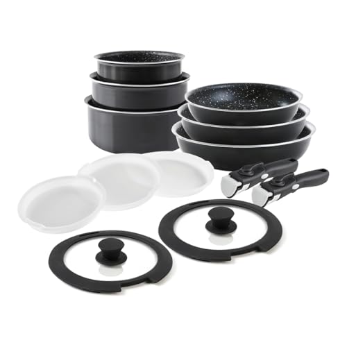 QDESIGN 14-teiliges Antihaft-Kochgeschirr-Set – Töpfe, Pfannen, luftdichte Deckel, abnehmbare Griffe – PFOA-freies Aluminium – für Induktion und Spülmaschine geeignet – Stapelbar – Schwarz von Qdesign