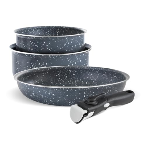 QDESIGN 3-teiliges Set: 2 Töpfe & Pfanne aus PFOA-freiem Aluminium mit Antihaft & abnehmbarem Griff – für Induktion & Backofen, Spülmaschine & Kühlschrank geeignet – Marmorgrau – 16/20/24 cm von Qdesign