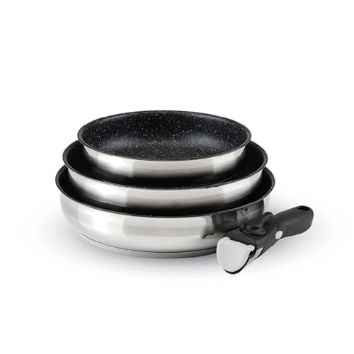Qdesign - 4-Teiliges Induktionskochgeschirr - 3-Teiliges Set aus Antihaftbeschichteten Pfannen 20, 24 und 26 cm mit 1 Abnehmbarem Griff - Edelstahl - Feuerfest - PFOA-frei - Silber/Schwarz von Qdesign