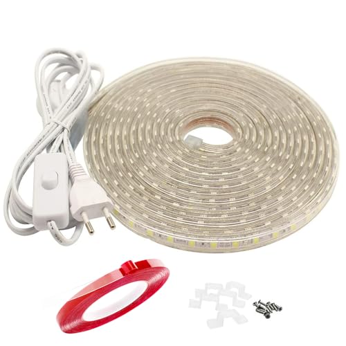 Q.Laomi LED Band 15 Meter Weiß, LED Strip mit Schalter und Stecker, LED Lichtband Wasserdicht IP65 LED Streifen 230V LED Stripe für Innen und Außenbeleuchtung Projekte, 15M, Weiß von Q.Laomi