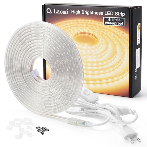 Q.Laomi LED Streifen 6 Meter mit Schalter, LED Lichtband Wasserdicht IP65,5050 Led Strip, LED Band 230V, 6M, Warmweiß von Q.Laomi