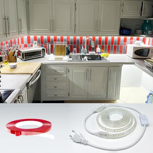 Q.Laomi LED Strip 1M, Sehr Hell LED Streifen 220V 230V Direktanschluss, Wasserdicht IP65 LED Leiste mit Schalter, 6000K LED Lichtleiste für Küche, Badezimmer, Werkbank, LED Band Kaltweiß von Q.Laomi