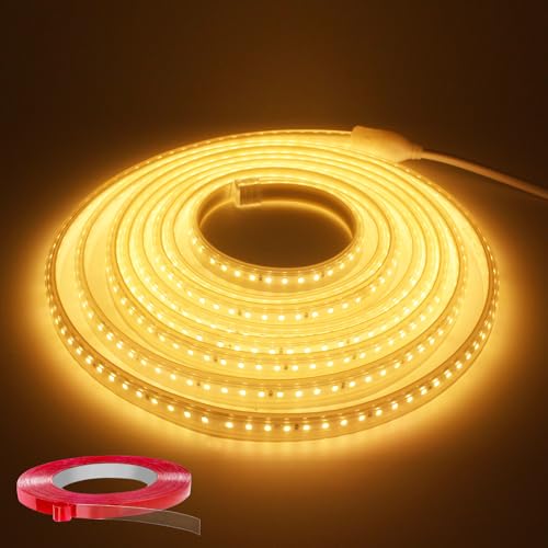 Q.Laomi LED Strip 5M, Sehr Hell LED Streifen 220V 230V Direktanschluss, Wasserdicht IP65 LED Leiste mit Schalter, 3000K Warmweiss LED Lichtleiste für Küche, Badezimmer, Werkbank, LED Band Warmweiß von Q.Laomi